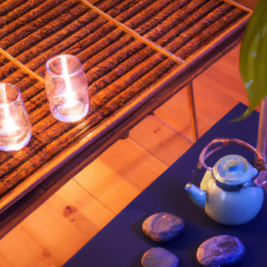 Zona de lounge minimalista para clientes con té y plantas