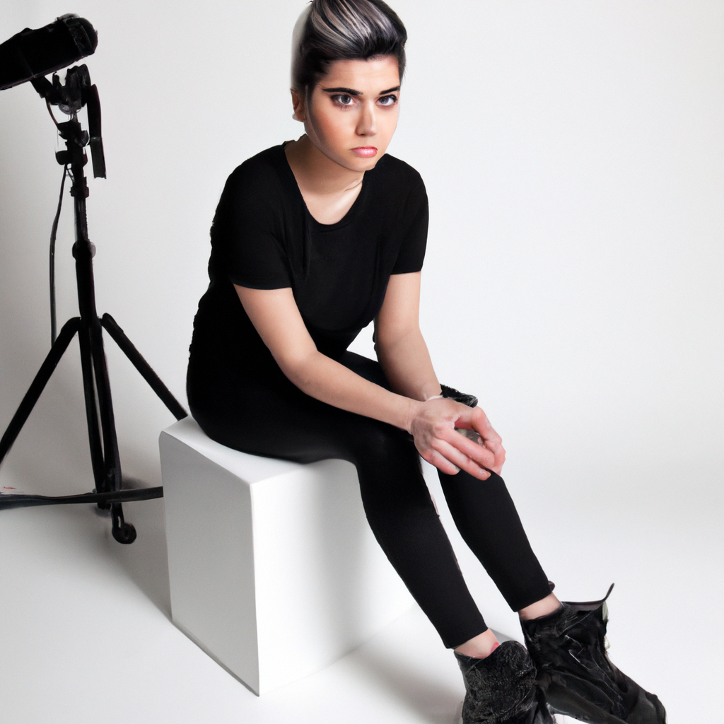 Escena de estudio con modelo en taburete y fondo blanco con sombras suaves