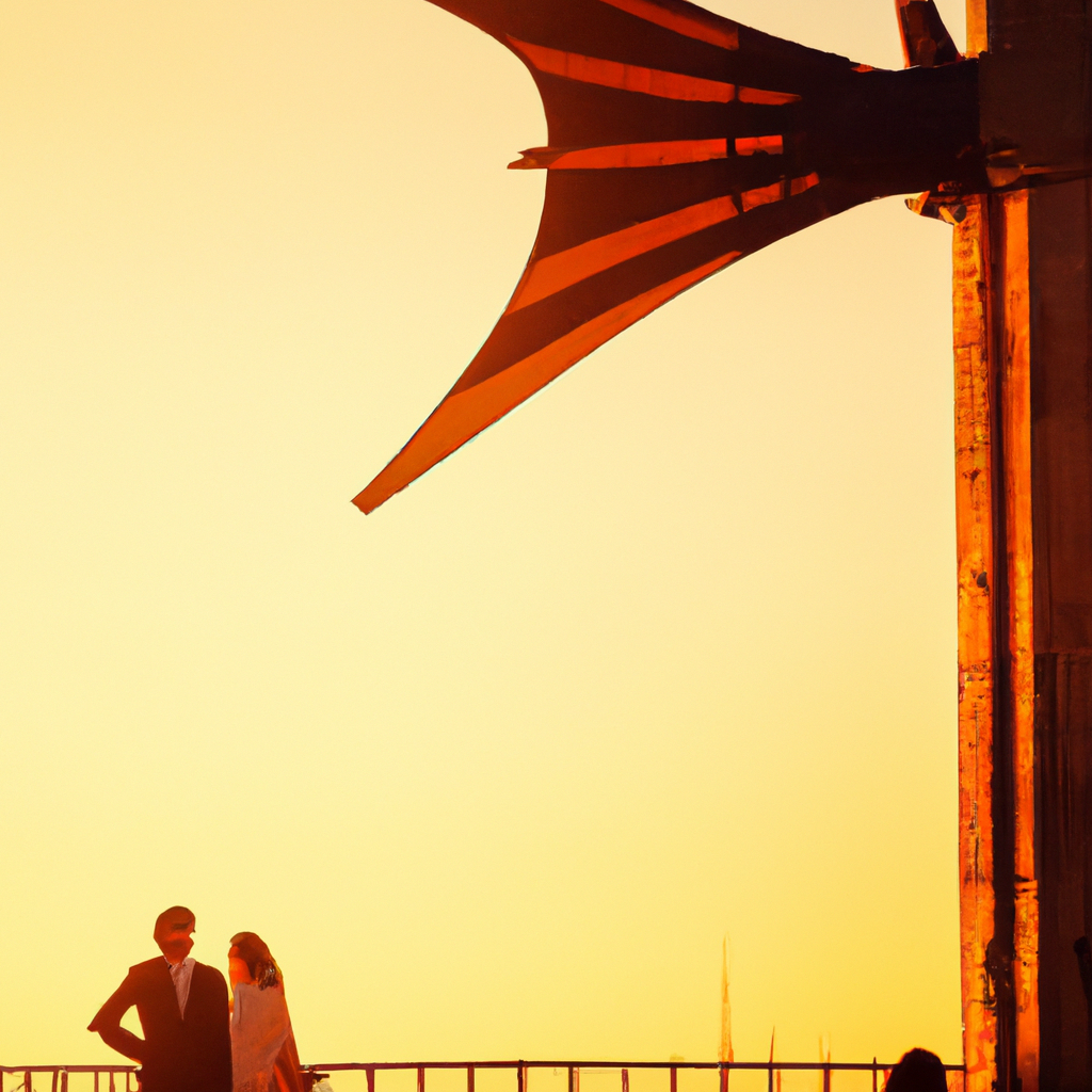 Pareja de boda con contraluz suave al atardecer en Madrid