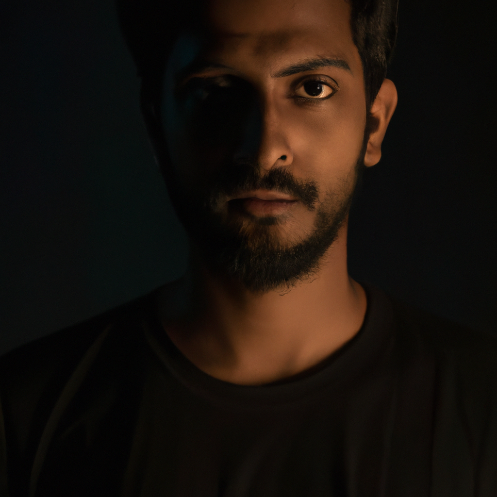 Retrato de director con camiseta negra y luz suave, mirada segura