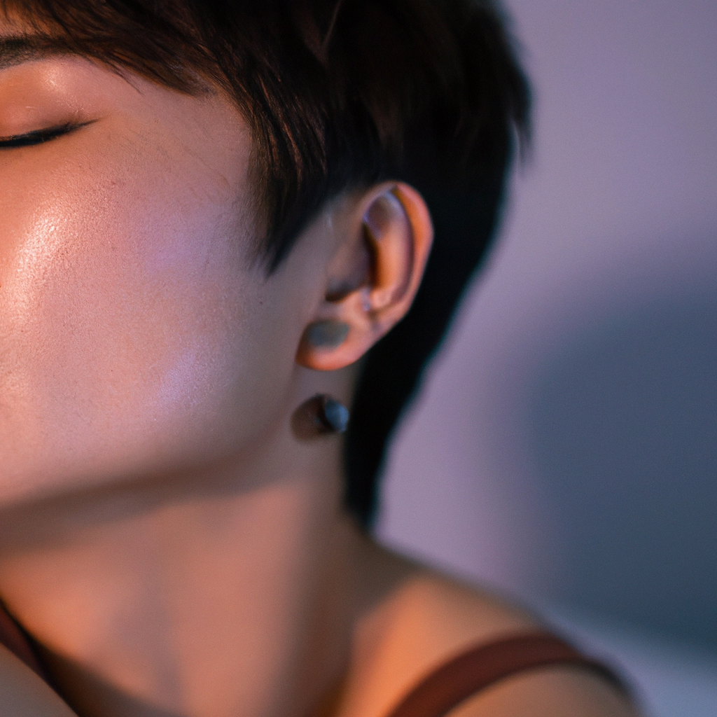 Modelo con barbilla ligeramente abajo y ojos hacia arriba en luz suave