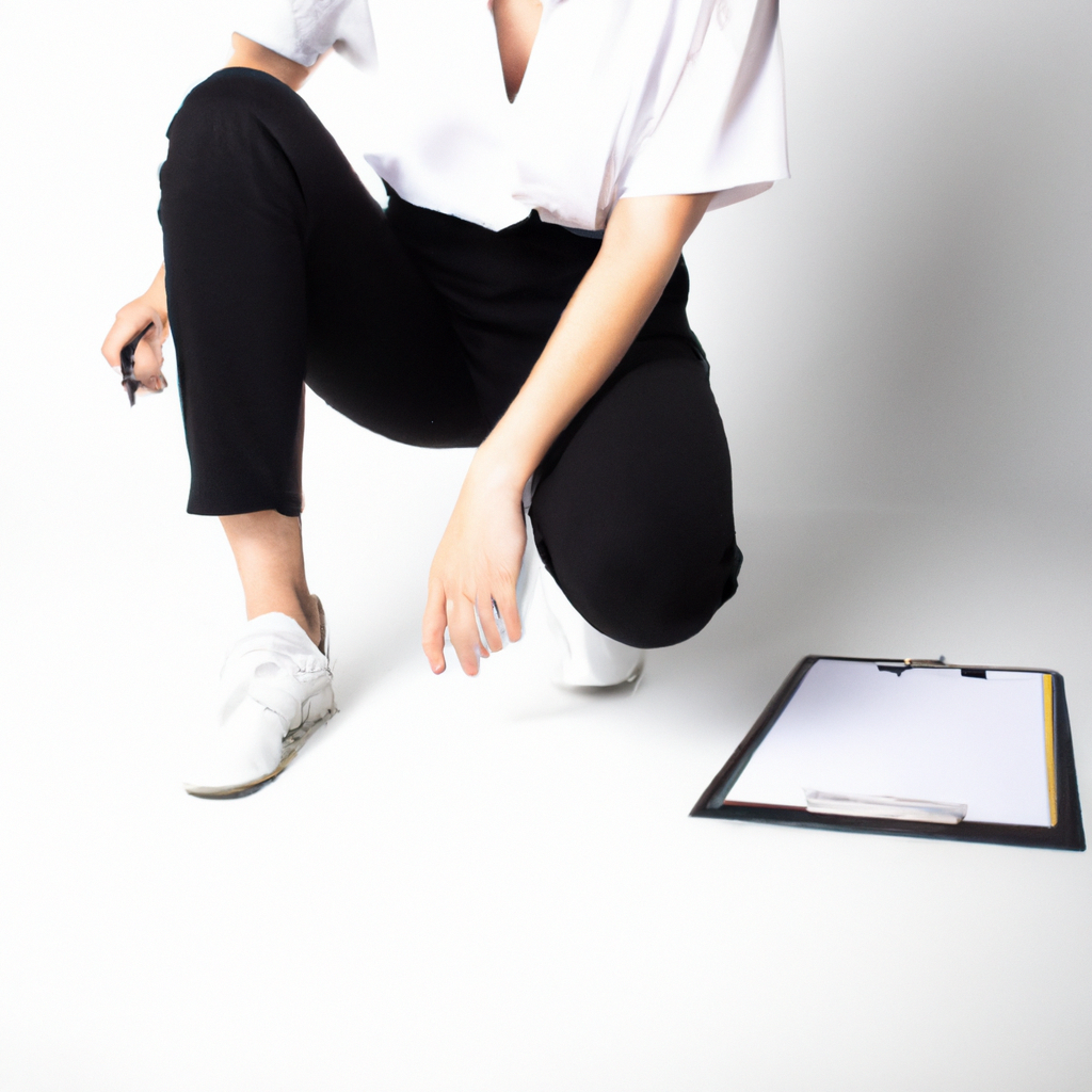 Productora con camisa blanca sosteniendo plan de planta del estudio