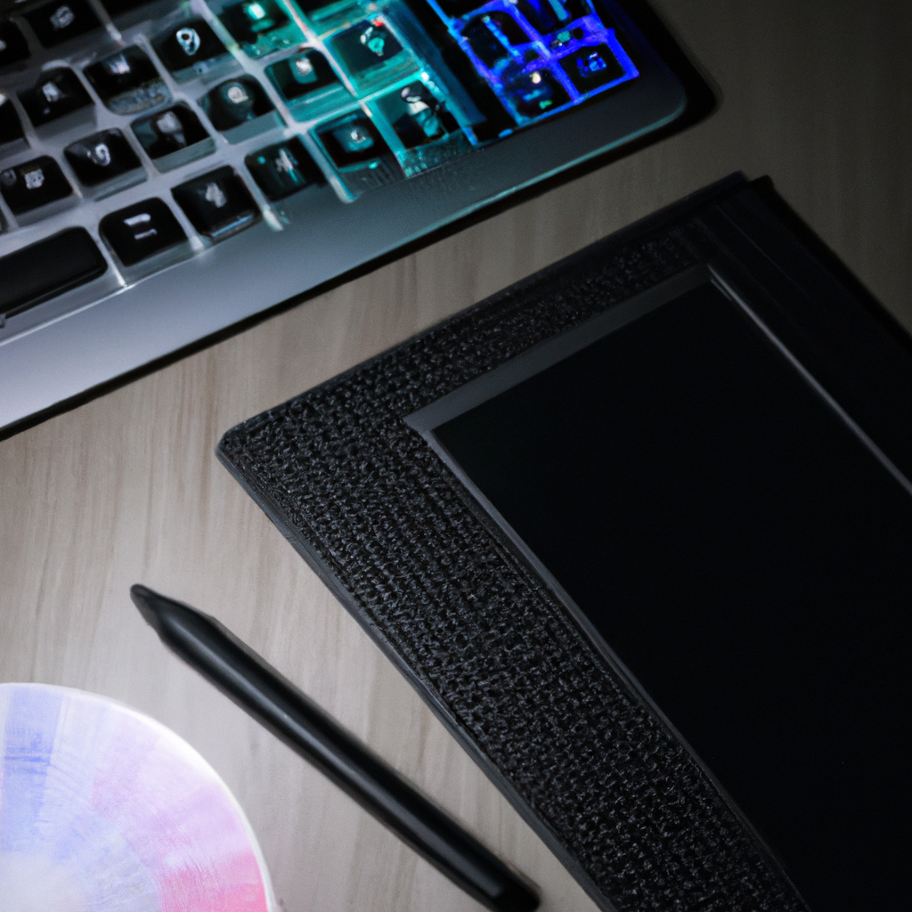 Retocador en mesa con tableta y carta de color, fondo neutro